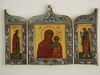 Appraisal: RUSSIAN ICON - Enameled Silver wirework triptych with painted panels