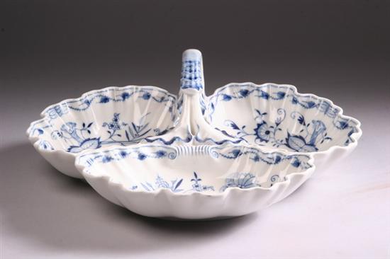 Appraisal: MEISSEN PORCELAIN BLUE ONION HANDLED THREE-PART RELISH DISH Circa crossed