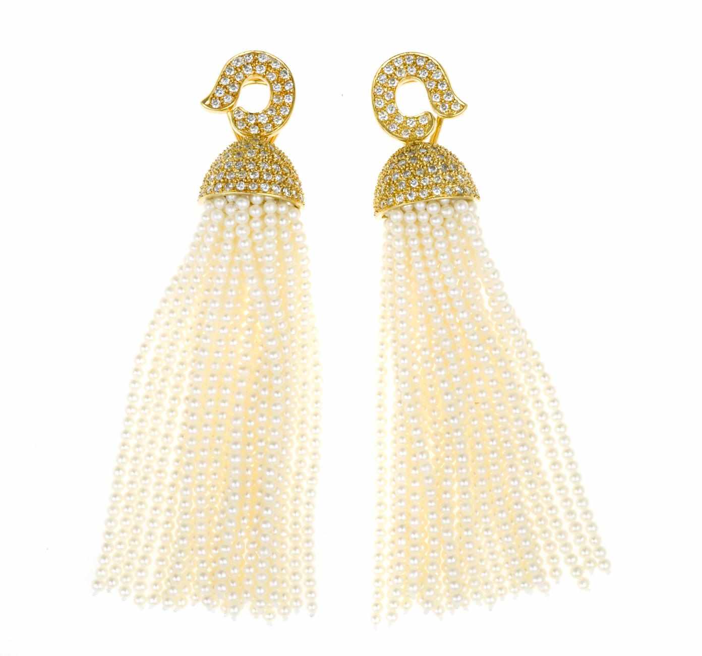 Appraisal: A pair of cultured pearl and diamond tassel earrings cultured