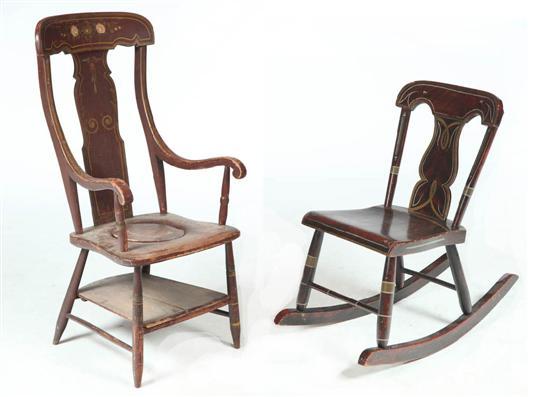 Appraisal: TWO DECORATED CHAIRS Both second quarter- th century mixed woods