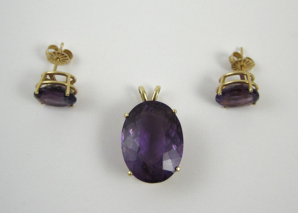 Appraisal: THREE ARTICLES OF AMETHYST JEWELRY including a k yellow gold