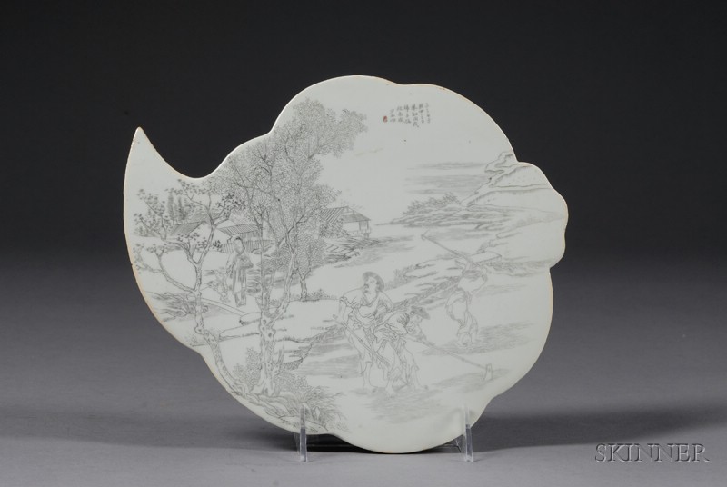 Appraisal: Porcelain Plaque China early th century leaf-shaped with a sepia-painted