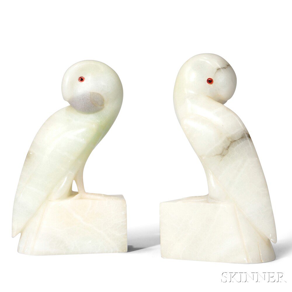 Appraisal: Pair of Art Deco-style Parrot Bookends Alabaster glass Italy th