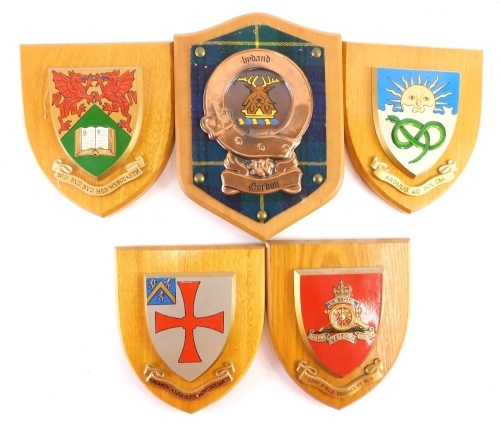 Appraisal: Five various oak shield plaques William Clancy Heraldic Art and