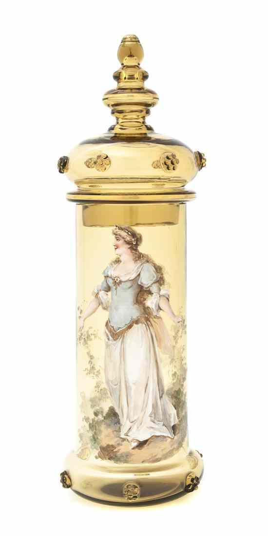 Appraisal: A Bohemian Enameled Amber Glass Jar and Cover the cover