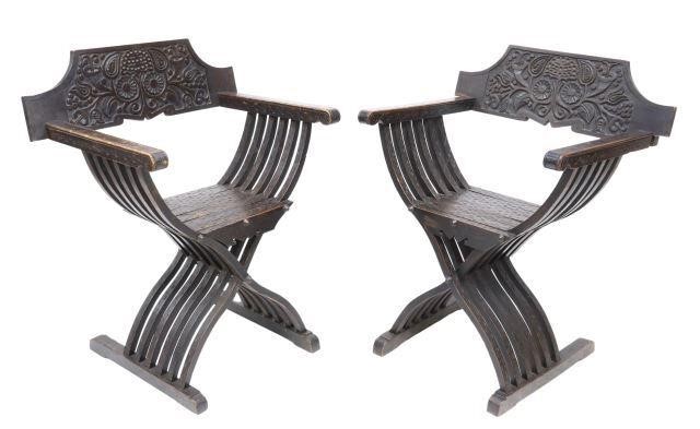 Appraisal: pair Continental Savonarola style chairs th c removable back with