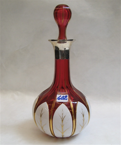 Appraisal: BOHEMIAN CRANBERRY DECANTER cut-over lay with white panels decorated in