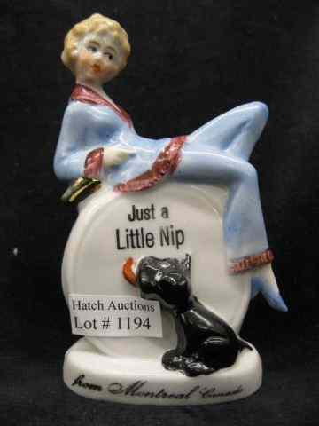 Appraisal: German Porcelain Figural Flask ''Justa Little Nip'' '' deco lady