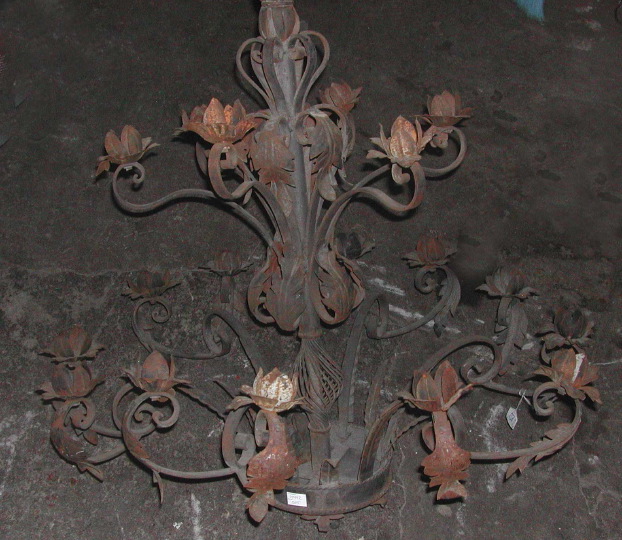 Appraisal: Italian Wrought-Iron and Stamped-Metal Eighteen-Light Chandelier having six arms mounted