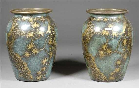 Appraisal: WMF PAIR DE VASES circa Metal with green patina Base