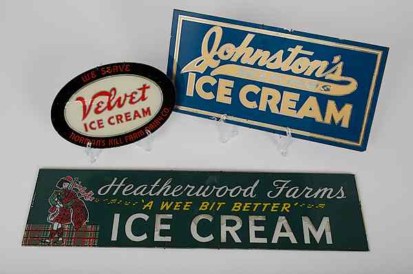 Appraisal: Heatherwood Farms Ice Cream Advertising Sign Plus American Three ice