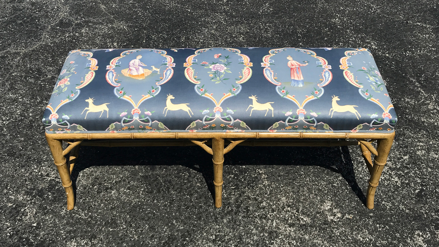 Appraisal: BAMBOO STYLE BENCH Faux bamboo bench upholstered in a blue