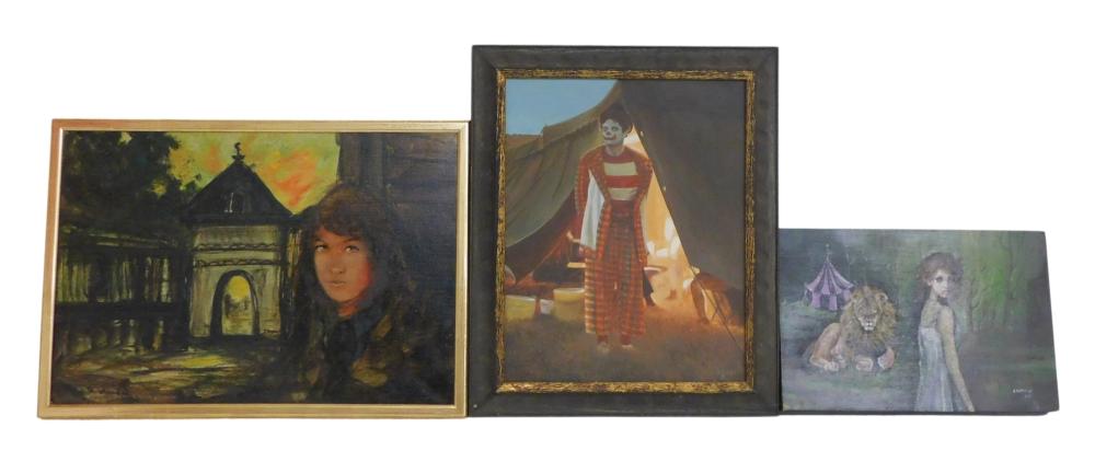 Appraisal: THREE FANTASY AND CIRCUS THEMED PAINTINGS TH ST C THE