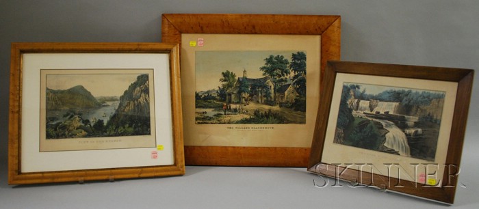 Appraisal: Three Framed Currier and Currier Ives Hand-colored Lithographs a bird's-eye