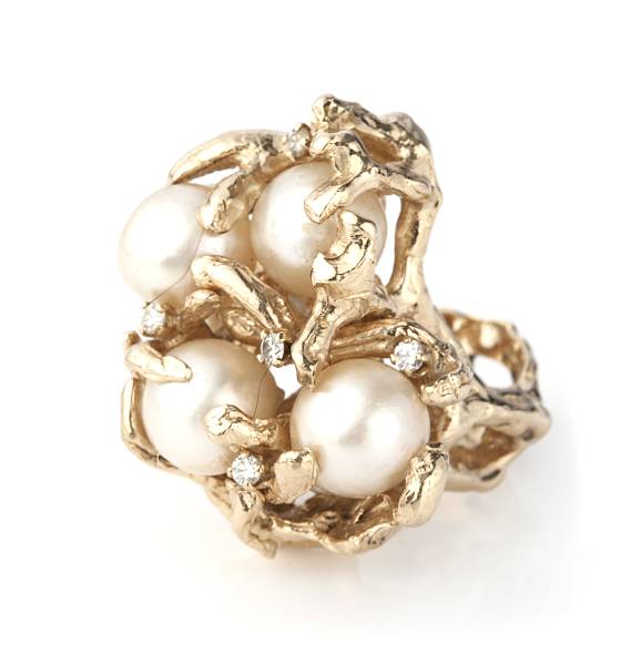 Appraisal: A cultured pearl diamond and k gold free form ring