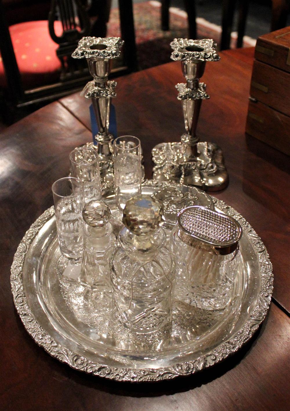 Appraisal: GROUP OF SILVERPLATE AND CRYSTAL ITEMS TO INCLUDE HARRODS CANDLESTICKS