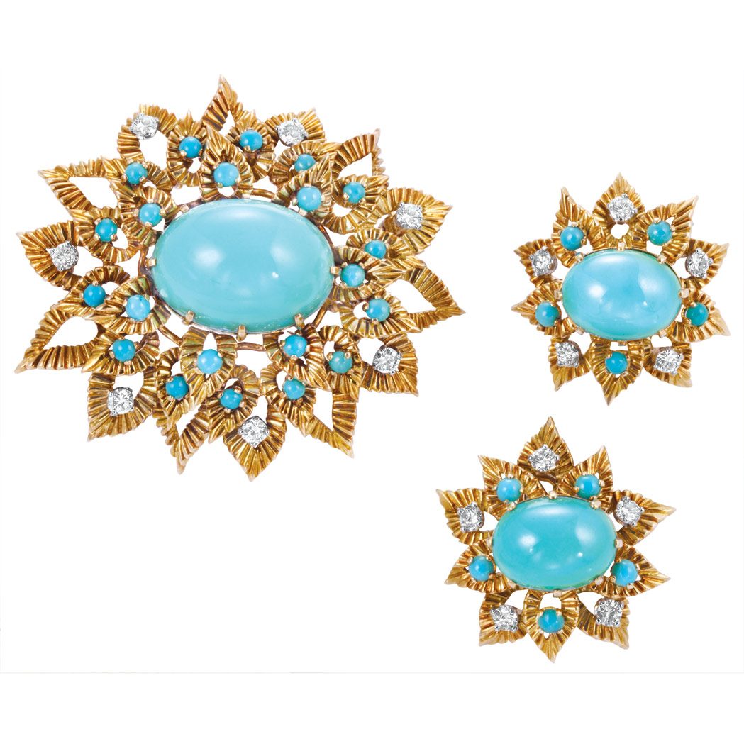 Appraisal: Gold Turquoise and Diamond Flower Brooch and Pair of Earclips