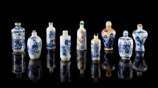 Appraisal: Nine Blue and White and Famille Rose Porcelain Snuff Bottles