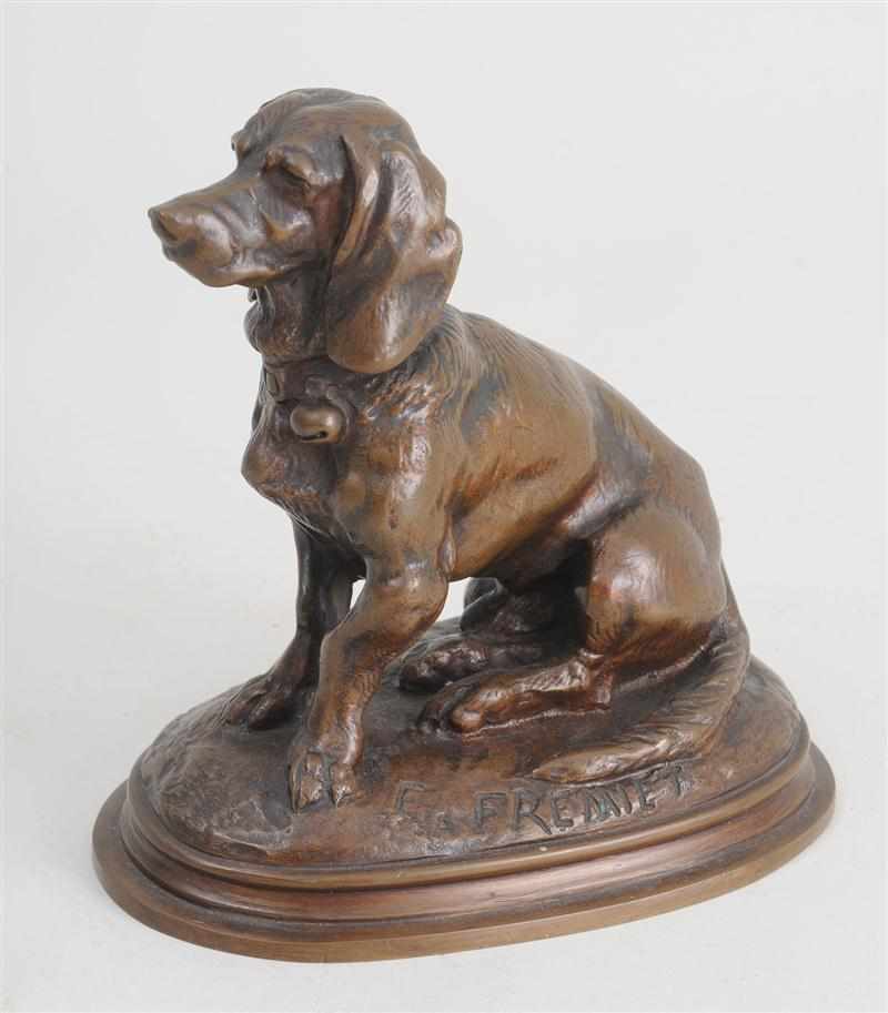 Appraisal: AFTER EMMANUEL FR MIET SEATED HOUND Bronze incised signature in