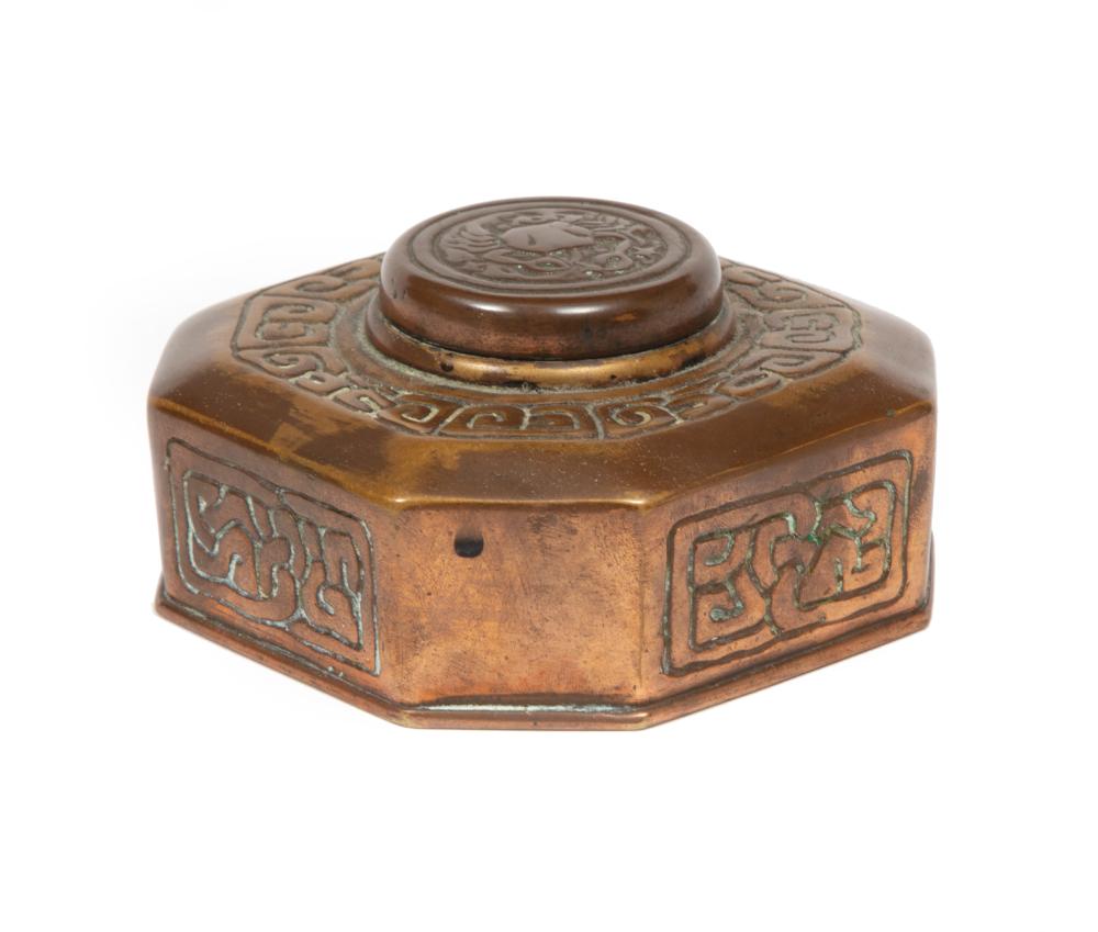 Appraisal: Tiffany Bronze Zodiac Inkwell c marked TIFFANY STUDIOS NEW YORK