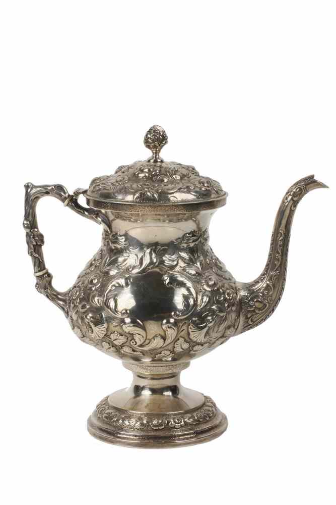 Appraisal: COIN SILVER TEA POT - Repoussed Coin Silver Tea Pot