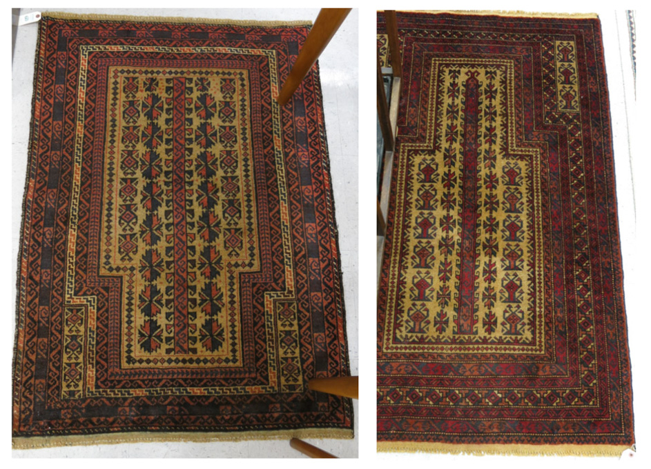 Appraisal: TWO SIMILAR AFGHAN BELOUCHI TRIBAL PRAYER RUGS both hand knotted