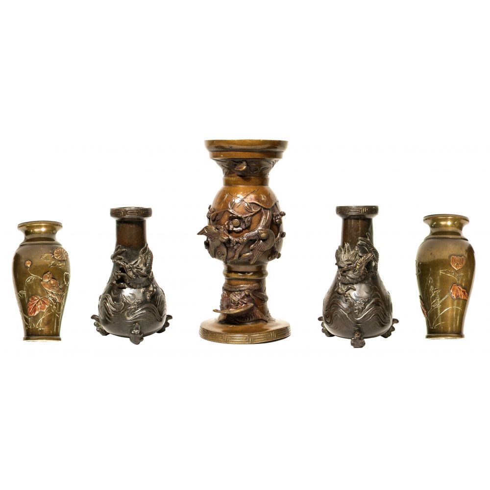 Appraisal: ASIAN STYLE BRONZE ASSORTMENT items including smaller urns having avian