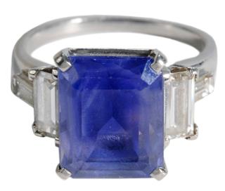 Appraisal: Platinum Sapphire Diamond Ring featuring one emerald cut natural sapphire