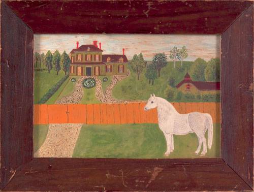 Appraisal: Small watercolor primitive farm scene with a white horse in