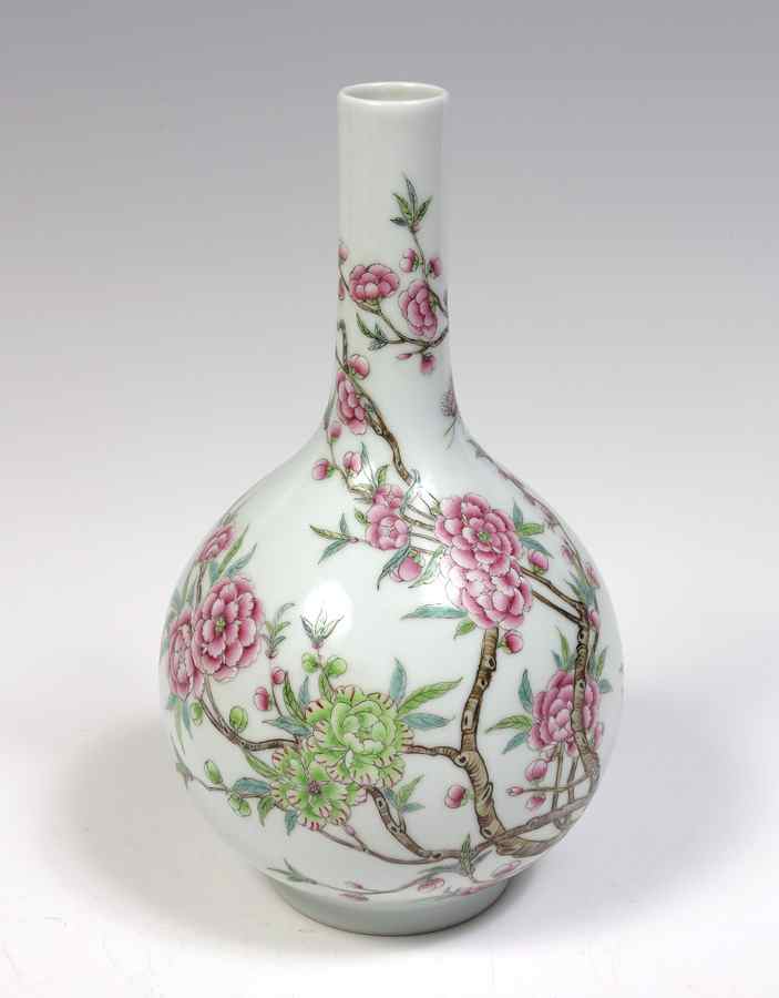 Appraisal: CHINESE PORCELAIN BOTTLE VASE Hand painted peach blossoms blue character