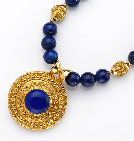 Appraisal: A lapis lazuli bead and k gold necklace length in