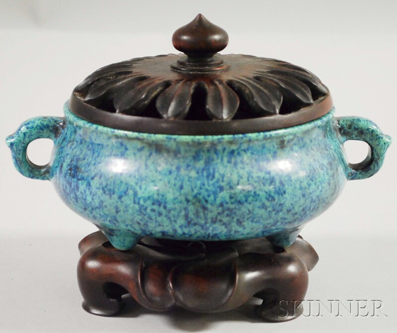 Appraisal: Chinese Glazed Porcelain Censer with Carved Hardwood Cover and Stand