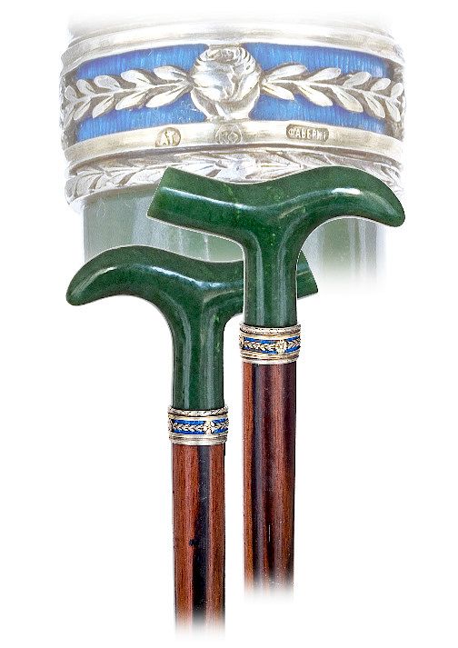 Appraisal: Faberg Nephrite and Silver Enamel Cane -Ca -The modified Derby