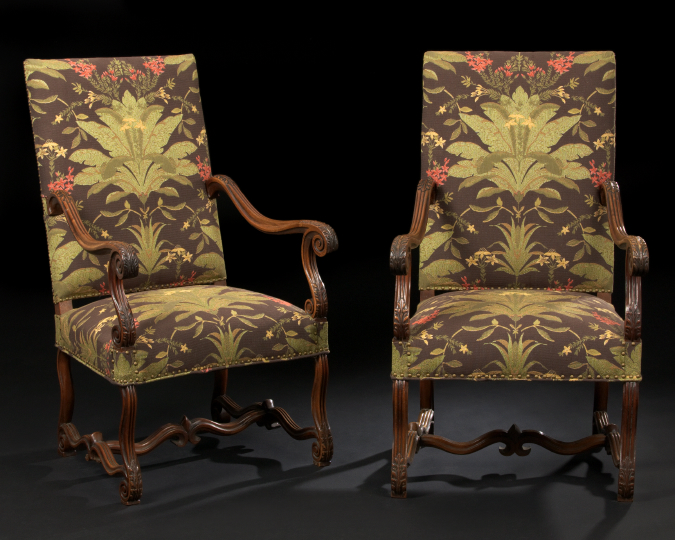 Appraisal: Attractive Pair of Louis XIII-Style Fruitwood Fauteuils a la Reine