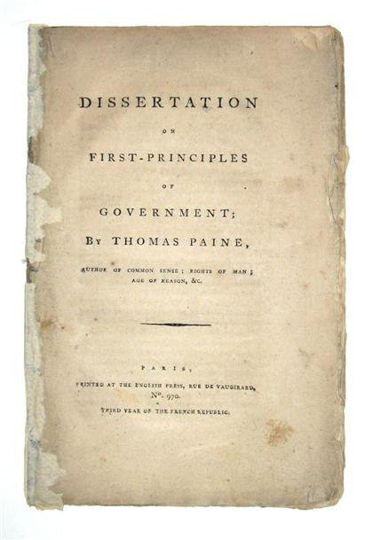 Appraisal: vol disbound Paine Thomas Dissertation on First-Principles of Government Paris