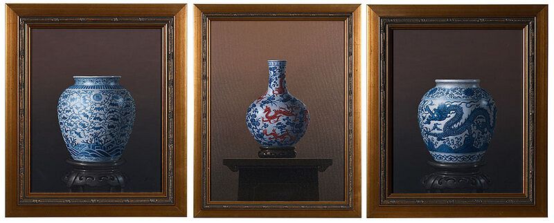 Appraisal: Asian School th century Three Asian Trompe l'Oeil Paintings Blue