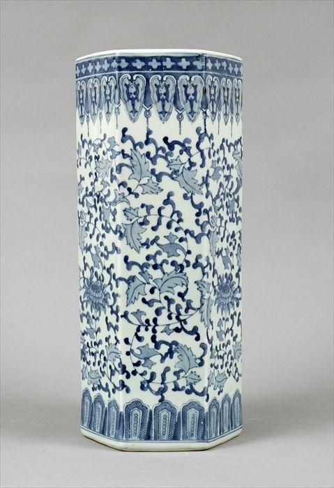 Appraisal: Chinese Blue and White Porcelain Hexagonal Umbrella Stand x x