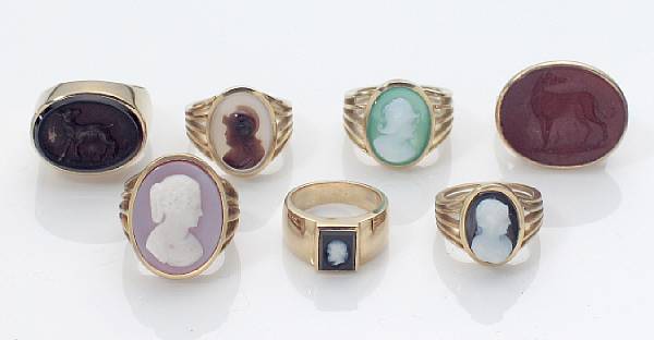 Appraisal: A collection of seven cameo and k gold rings gross