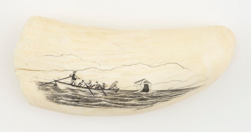 Appraisal: ENGRAVED WHALE'S TOOTH DEPICTING A WHALING SCENE TH CENTURY LENGTH