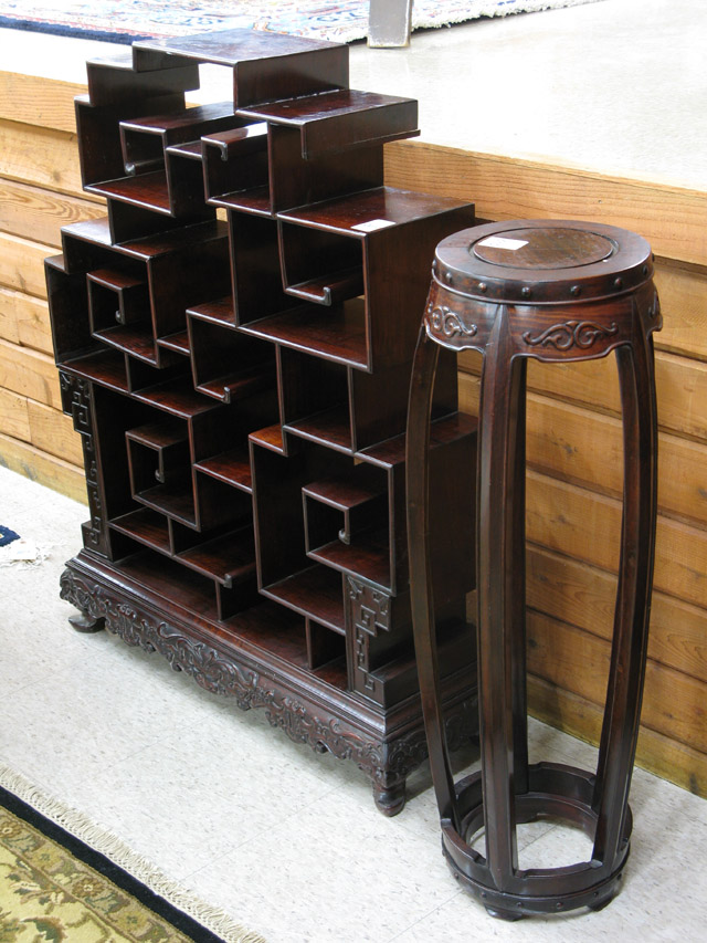 Appraisal: TWO CHINESE ROSEWOOD STANDS H etagere with a variety of