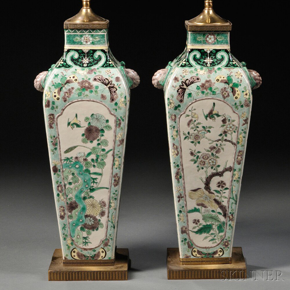 Appraisal: Pair of Famille Verte Vases Mounted as Lamps China th