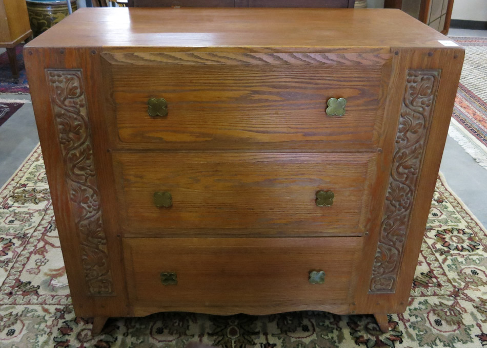 Appraisal: CARVED OAK SECRETARY CHEST Meier Frank Co Portland Oregon labeled