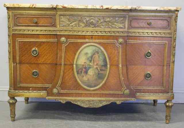 Appraisal: Painted and Gilded Satinwood Marble Top Commode drawers From a