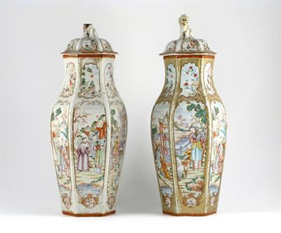 Appraisal: A pair of Chinese hexagonal vases and covers delicately painted