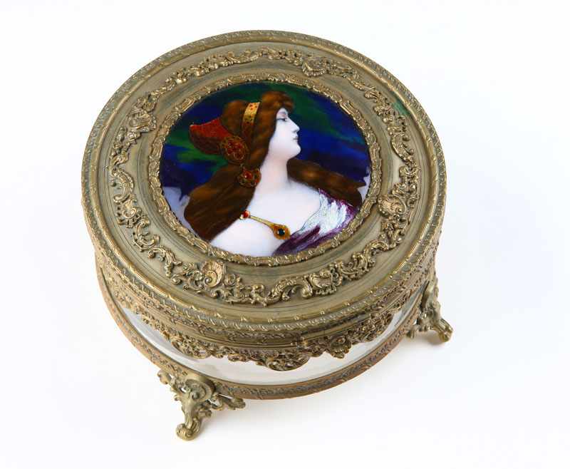 Appraisal: A Louis XV style bronze-mounted cut-glass circular box with Limoges