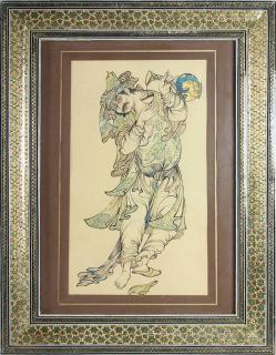 Appraisal: Framed watercolor Framed watercolor ink and gold leaf painting of