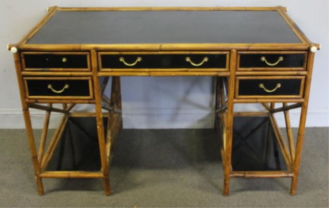 Appraisal: Vintage Bamboo and Lacquered Kneehole Desk Nice decorative desk from