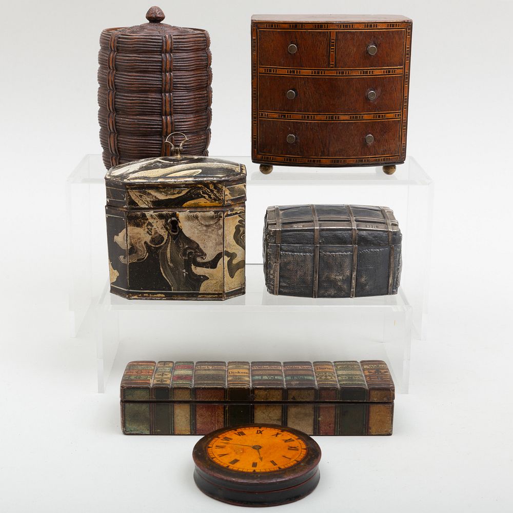 Appraisal: Group of Five Trompe L'oeil Boxes and a Bank Comprising