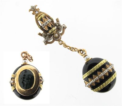 Appraisal: A th Century black enamel fob pendant with three colour