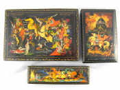 Appraisal: Three Russian lacquer boxes featuring battle scenes largest x cm